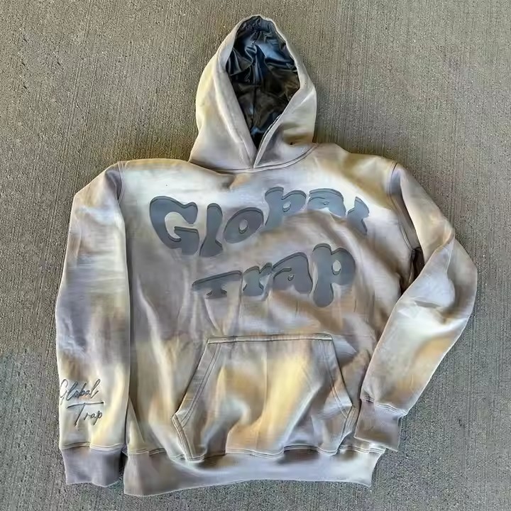 Custom Vintage Tie Dye Washed Sun Faded Pullover Puff Print Hoodie 500 Gsm Heavy Weight 100% Cotton Satin Lined Hoodies