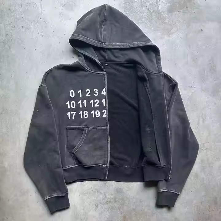Custom Manufacturer 500 Gsm Heavyweight Oversized Black Grey Screen Printing Men Vintage Zip up Acid Wash Cropped Hoodie
