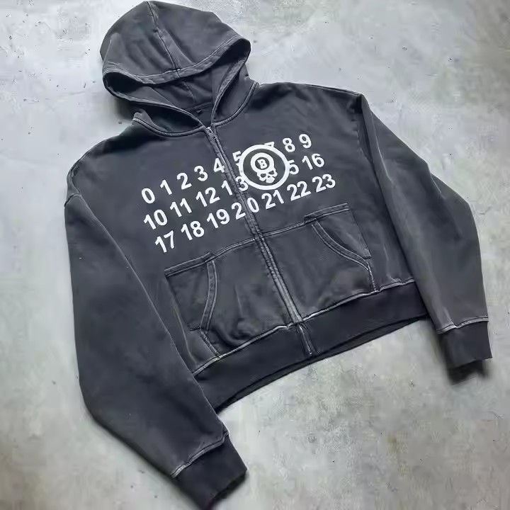 Custom Manufacturer 500 Gsm Heavyweight Oversized Black Grey Screen Printing Men Vintage Zip up Acid Wash Cropped Hoodie