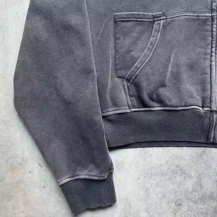 Custom Manufacturer 500 Gsm Heavyweight Oversized Black Grey Screen Printing Men Vintage Zip up Acid Wash Cropped Hoodie