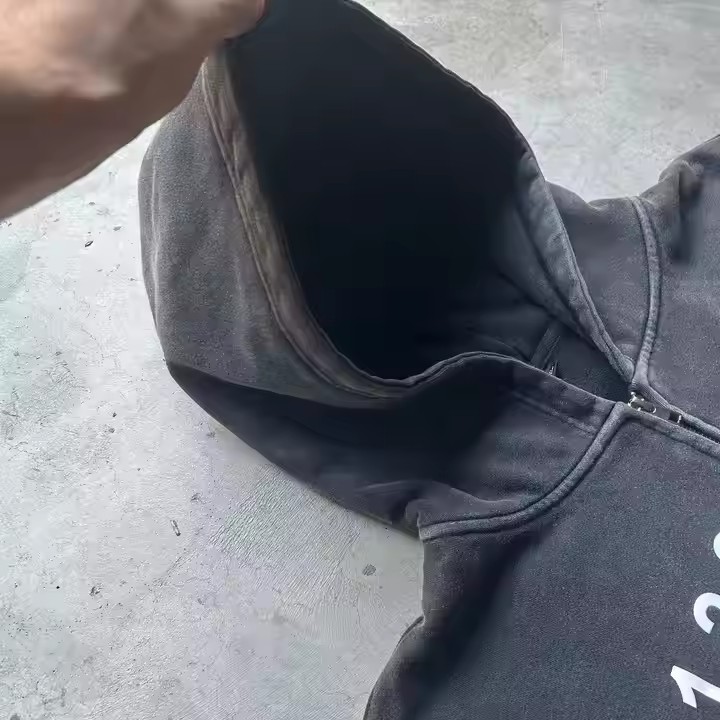 Custom Manufacturer 500 Gsm Heavyweight Oversized Black Grey Screen Printing Men Vintage Zip up Acid Wash Cropped Hoodie