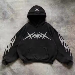 Custom Hip Hop Men'S Heavyweight Pullover Sweatshirt Distressed Applique Patch Embroidered Hooded Sweatshirts