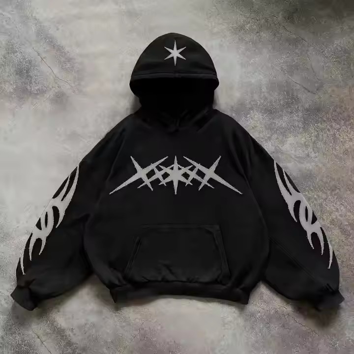 Custom Hip Hop Men'S Heavyweight Pullover Sweatshirt Distressed Applique Patch Embroidered Hooded Sweatshirts