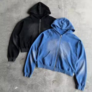 Custom 400gsm Heavyweight Blank Oversized Boxy Fit Zip up Vintage Sun Faded Acid Wash Waffle Hoodie for Men