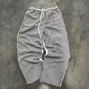 Custom Streetwear Mens Reverse Stitching French Terry Jogger Sweat Pants Embroidered Baggy Flared Wide Leg Sweatpants