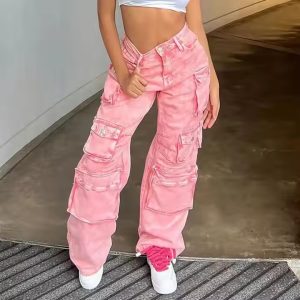 OEM Custom Logo Fashion Women Pink Loose Fit High Waist Cargo Pants Multi Cargo Pockets Denim Jeans