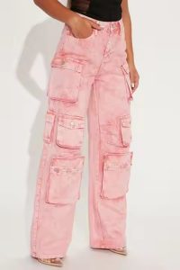 OEM Custom Logo Fashion Women Pink Loose Fit High Waist Cargo Pants Multi Cargo Pockets Denim Jeans