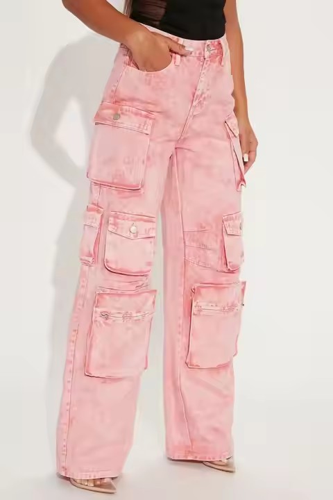 OEM Custom Logo Fashion Women Pink Loose Fit High Waist Cargo Pants Multi Cargo Pockets Denim Jeans