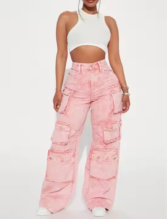 OEM Custom Logo Fashion Women Pink Loose Fit High Waist Cargo Pants Multi Cargo Pockets Denim Jeans