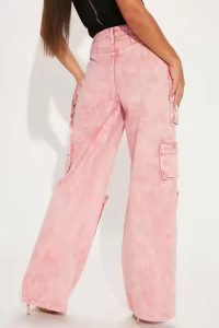 OEM Custom Logo Fashion Women Pink Loose Fit High Waist Cargo Pants Multi Cargo Pockets Denim Jeans