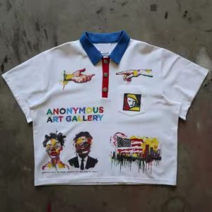 Custom Streetwear Vintage Tshirt Cotton Graphic Print Short Sleeve Button up Collared Boxy T-shirt Men Polo T Shirt