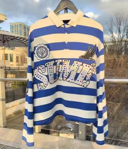Custom Embroidery Rugby Jersey Polos Color Block Rhinestone Long Sleeve Boxy Fit Cropped Knitted Striped Polo Shirt for Men