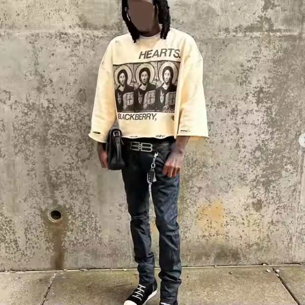 Custom Printed Oversized Crewneck Sweatshirt Thick French Terry Ripped Distressed Cropped Long Sleeve T Shirt for Men