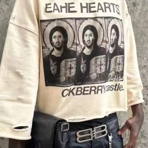 Custom Printed Oversized Crewneck Sweatshirt Thick French Terry Ripped Distressed Cropped Long Sleeve T Shirt for Men