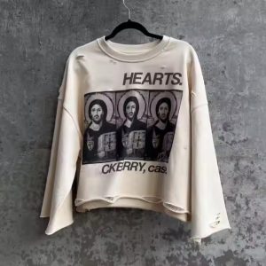 Custom Printed Oversized Crewneck Sweatshirt Thick French Terry Ripped Distressed Cropped Long Sleeve T Shirt for Men