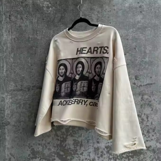 Custom Printed Oversized Crewneck Sweatshirt Thick French Terry Ripped Distressed Cropped Long Sleeve T Shirt for Men