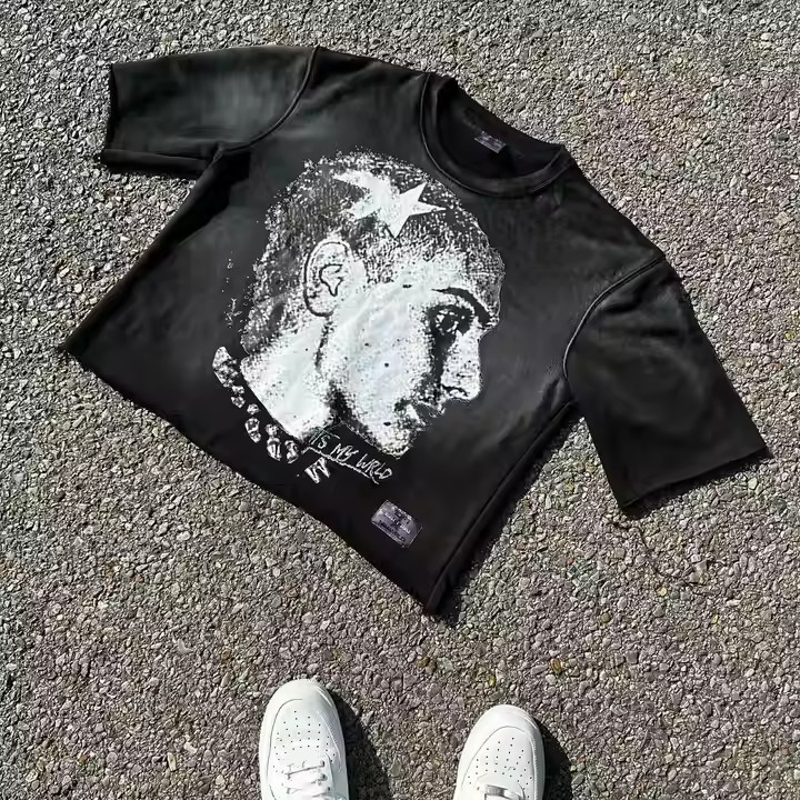 Custom 100% Cotton 300 Gsm Heavy Weight T Shirt Graphic Printing Raw Hem Boxy Cropped Vintage Acid Washed T Shirt
