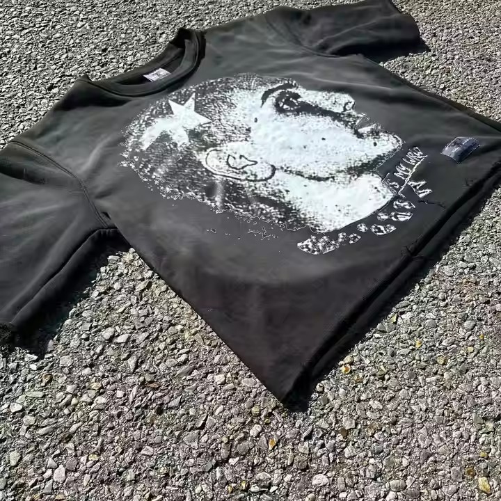 Custom 100% Cotton 300 Gsm Heavy Weight T Shirt Graphic Printing Raw Hem Boxy Cropped Vintage Acid Washed T Shirt