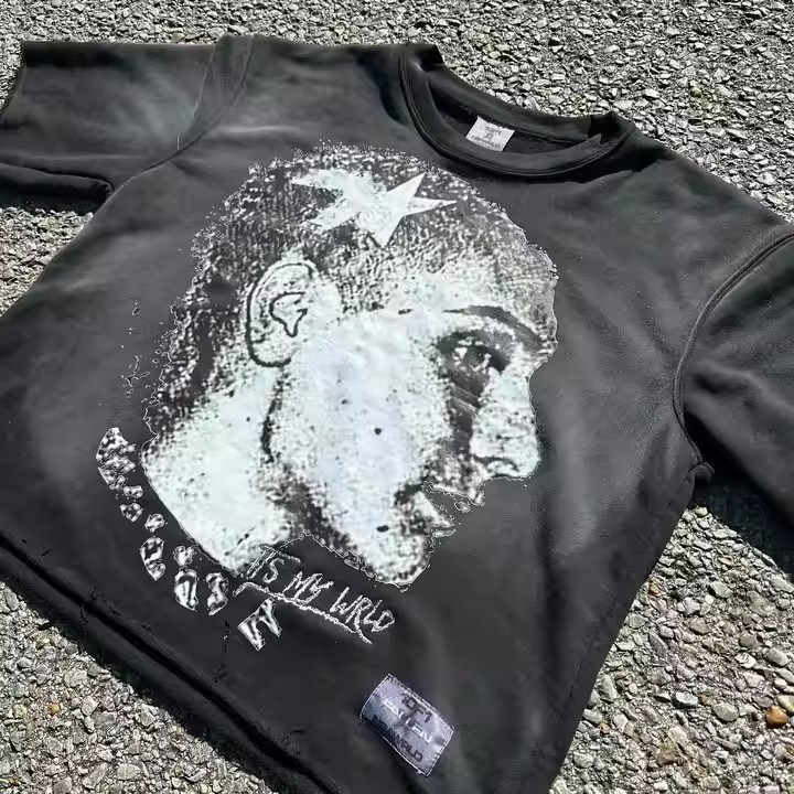 Custom 100% Cotton 300 Gsm Heavy Weight T Shirt Graphic Printing Raw Hem Boxy Cropped Vintage Acid Washed T Shirt