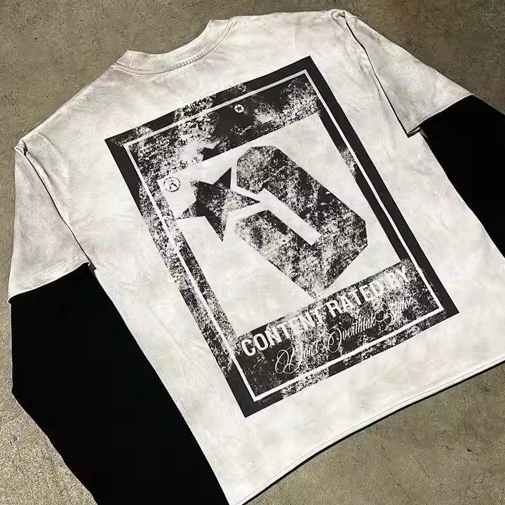 Custom 100% Cotton Screen Printing Distressed Washed Sun Fade T-Shirts Man Oversized Double Layered T Shirt Long Sleeve