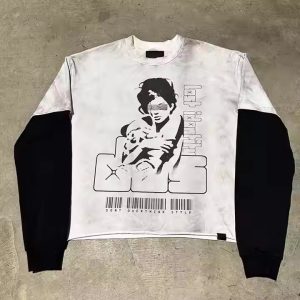 Custom 100% Cotton Screen Printing Distressed Washed Sun Fade T-Shirts Man Oversized Double Layered T Shirt Long Sleeve