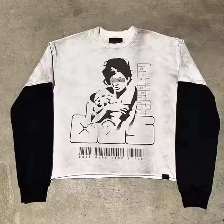 Custom 100% Cotton Screen Printing Distressed Washed Sun Fade T-Shirts Man Oversized Double Layered T Shirt Long Sleeve