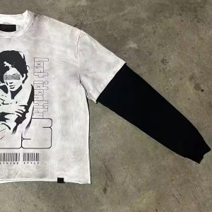 Custom 100% Cotton Screen Printing Distressed Washed Sun Fade T-Shirts Man Oversized Double Layered T Shirt Long Sleeve