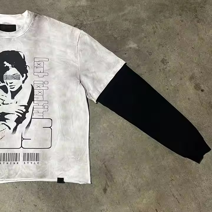 Custom 100% Cotton Screen Printing Distressed Washed Sun Fade T-Shirts Man Oversized Double Layered T Shirt Long Sleeve