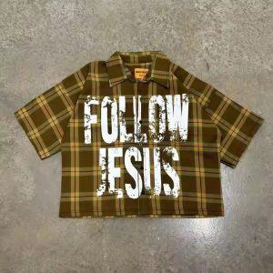 Custom 2025 Summer Letter Printed Vintage Boxy Fit Oversized Short Sleeve Plaid Flannel Button up Shirts for Men