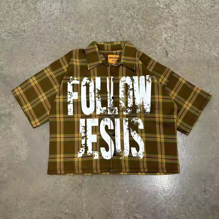 Custom 2025 Summer Letter Printed Vintage Boxy Fit Oversized Short Sleeve Plaid Flannel Button up Shirts for Men