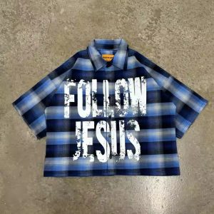 Custom 2025 Summer Letter Printed Vintage Boxy Fit Oversized Short Sleeve Plaid Flannel Button up Shirts for Men