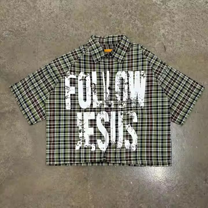 Custom 2025 Summer Letter Printed Vintage Boxy Fit Oversized Short Sleeve Plaid Flannel Button up Shirts for Men