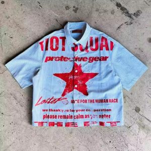 Custom 2025 Summer Letter Printed Vintage Boxy Fit Oversized Short Sleeve Plaid Flannel Button up Shirts for Men