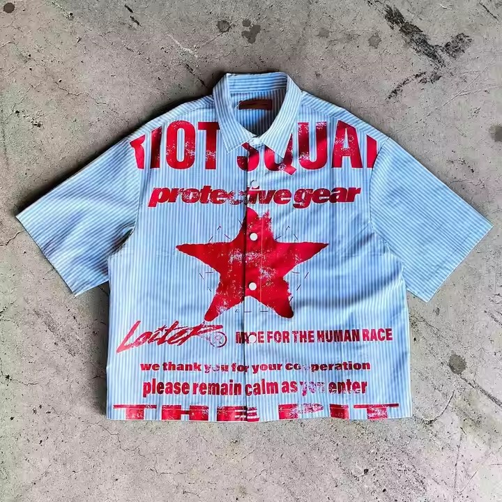 Custom 2025 Summer Letter Printed Vintage Boxy Fit Oversized Short Sleeve Plaid Flannel Button up Shirts for Men