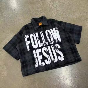 Custom 2025 Summer Letter Printed Vintage Boxy Fit Oversized Short Sleeve Plaid Flannel Button up Shirts for Men