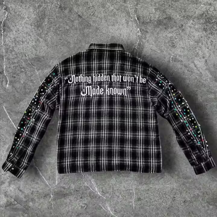 Custom Winter Warm Plaid Shirts Embroidery Long Sleeve Oversized Diamond Acid Wash Rhinestone Button up Flannel Shirts Men