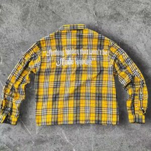 Custom Winter Warm Plaid Shirts Embroidery Long Sleeve Oversized Diamond Acid Wash Rhinestone Button up Flannel Shirts Men