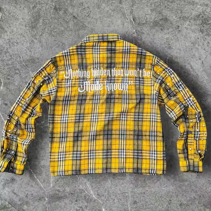 Custom Winter Warm Plaid Shirts Embroidery Long Sleeve Oversized Diamond Acid Wash Rhinestone Button up Flannel Shirts Men
