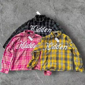 Custom Winter Warm Plaid Shirts Embroidery Long Sleeve Oversized Diamond Acid Wash Rhinestone Button up Flannel Shirts Men
