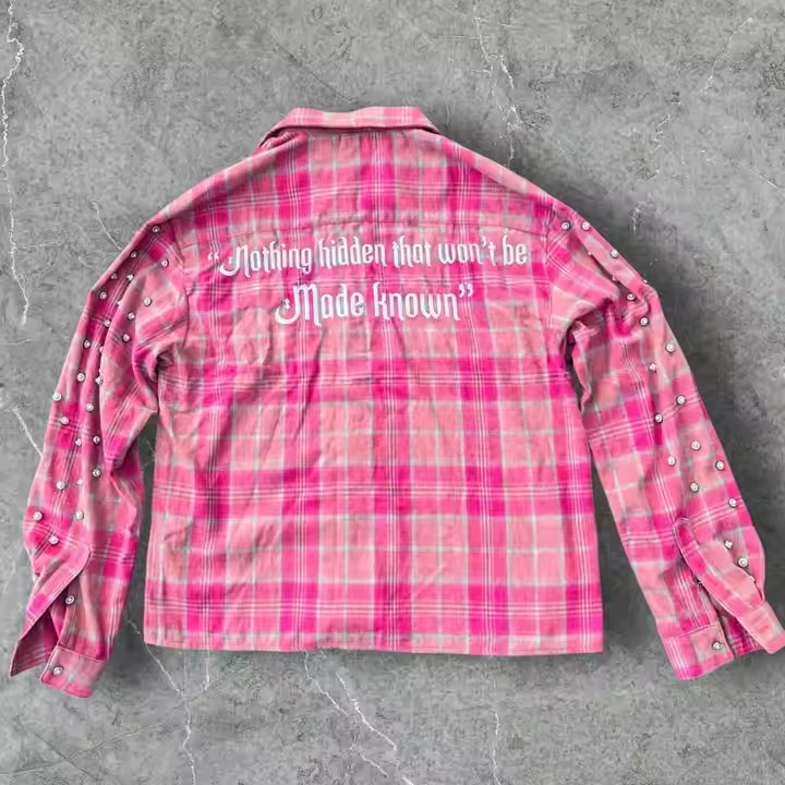 Custom Winter Warm Plaid Shirts Embroidery Long Sleeve Oversized Diamond Acid Wash Rhinestone Button up Flannel Shirts Men
