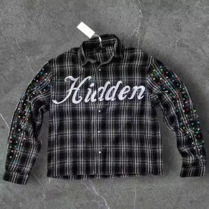 Custom Winter Warm Plaid Shirts Embroidery Long Sleeve Oversized Diamond Acid Wash Rhinestone Button up Flannel Shirts Men
