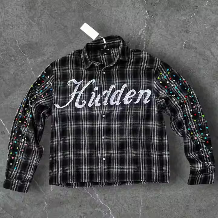 Custom Winter Warm Plaid Shirts Embroidery Long Sleeve Oversized Diamond Acid Wash Rhinestone Button up Flannel Shirts Men