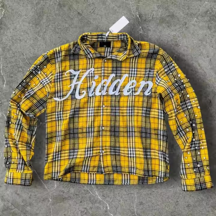 Custom Winter Warm Plaid Shirts Embroidery Long Sleeve Oversized Diamond Acid Wash Rhinestone Button up Flannel Shirts Men