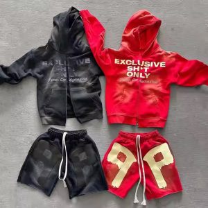 Custom Flared Sweatpants and Hoodie Set Zip up Acid Wash Hoodie and Jogger Set Unisex High Quality Hoodie and Shorts Set Men