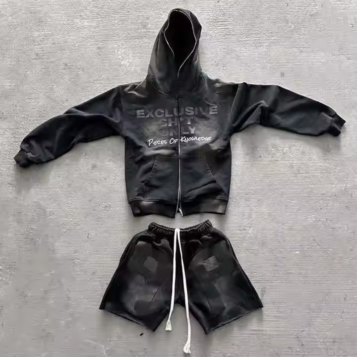 Custom Flared Sweatpants and Hoodie Set Zip up Acid Wash Hoodie and Jogger Set Unisex High Quality Hoodie and Shorts Set Men