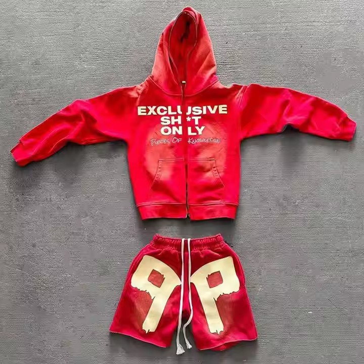 Custom Flared Sweatpants and Hoodie Set Zip up Acid Wash Hoodie and Jogger Set Unisex High Quality Hoodie and Shorts Set Men