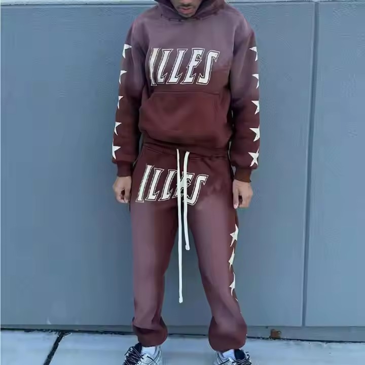 Custom Mens Two-Piece Set Heavyweight Pullover Cropped Graphic Printed Distressed Vintage Acid Wash Sweatpants and Hoodie Sets