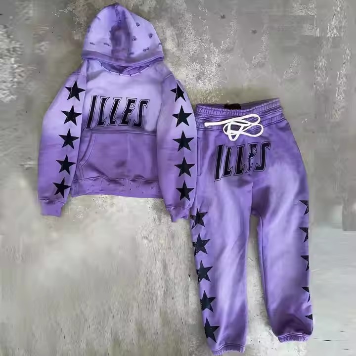 Custom Mens Two-Piece Set Heavyweight Pullover Cropped Graphic Printed Distressed Vintage Acid Wash Sweatpants and Hoodie Sets