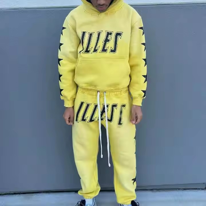 Custom Mens Two-Piece Set Heavyweight Pullover Cropped Graphic Printed Distressed Vintage Acid Wash Sweatpants and Hoodie Sets