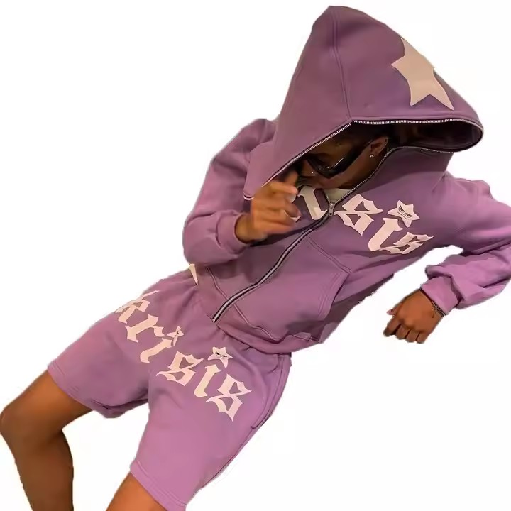Custom Heavyweight Tracksuit Mens Streetwear Hoodie and Shorts Sets French Terry 3D Puff Printing Full Zip up Hoodies